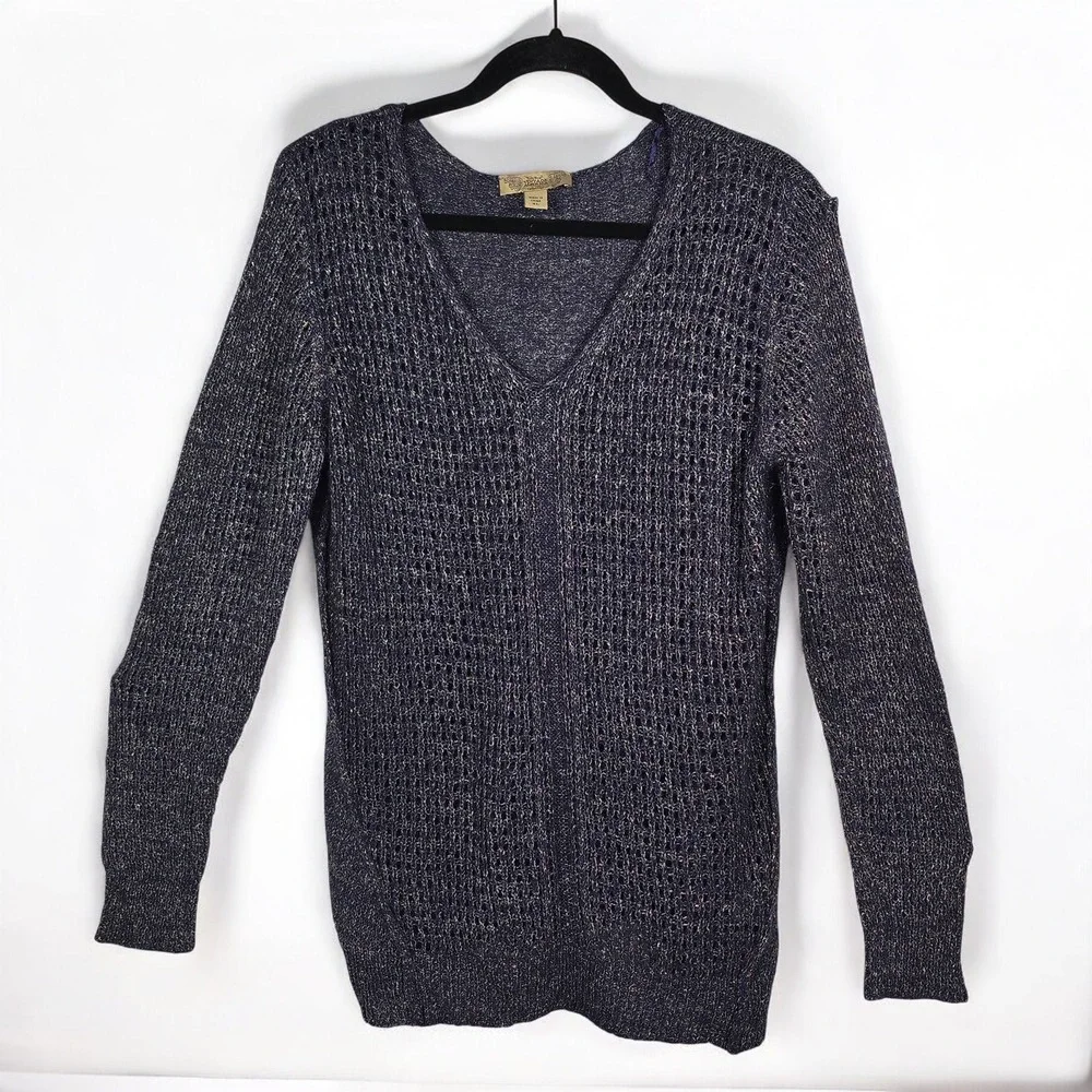 Nine West Vintage America Collection Sweater Woman XL Navy Metallic Knit‎ V Neck